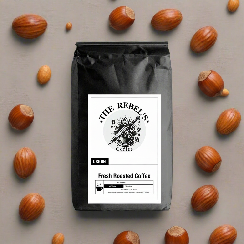 A pack of 'The Rebel's Coffee' with the label showing 'Hazelnut Fresh Roasted Coffee' along with the origin of the coffee. The pack is placed on a surface with scattered almonds around it.