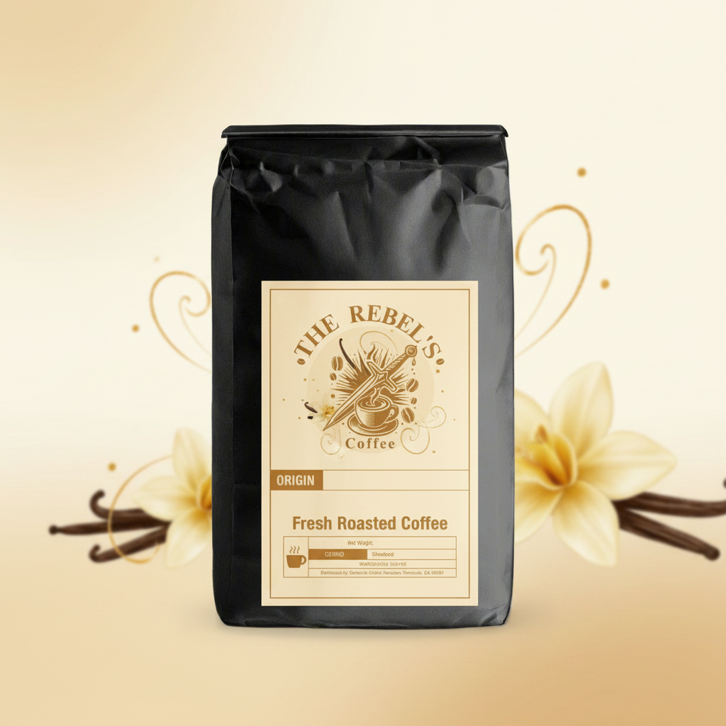A bag of 'The Rebel's Coffee' with the label showing 'French Vanilla Fresh Roasted Coffee' and the origin of the coffee bean.